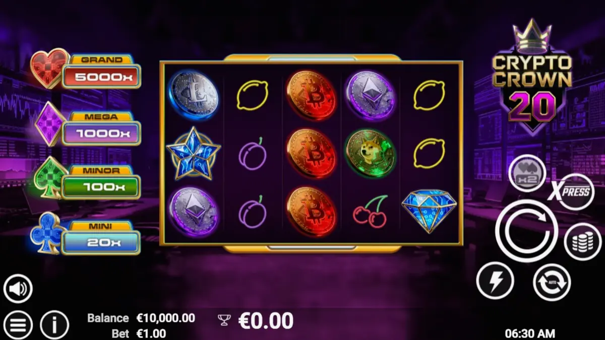 Tampilan antarmuka slot Crypto Crown 20 dengan tema neon futuristik.