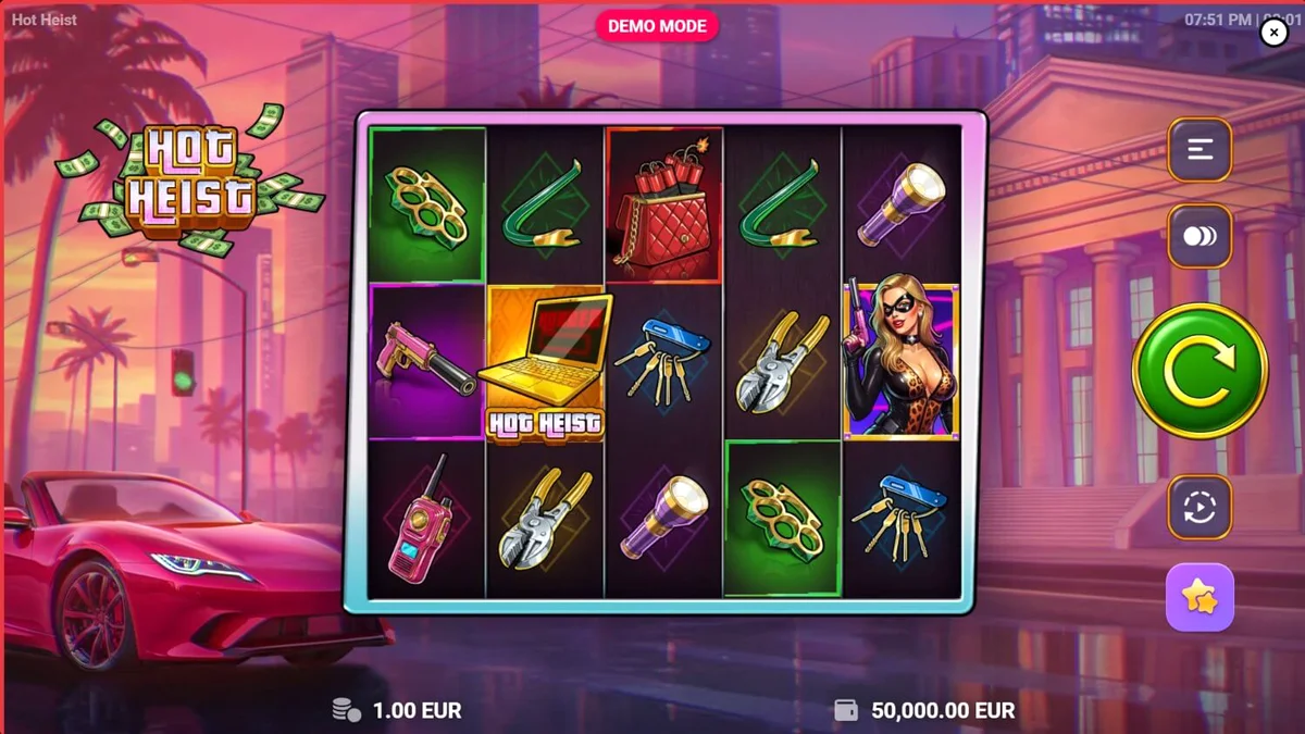 Tampilan visual slot Hot Heist dengan nuansa neon dan tema kriminal