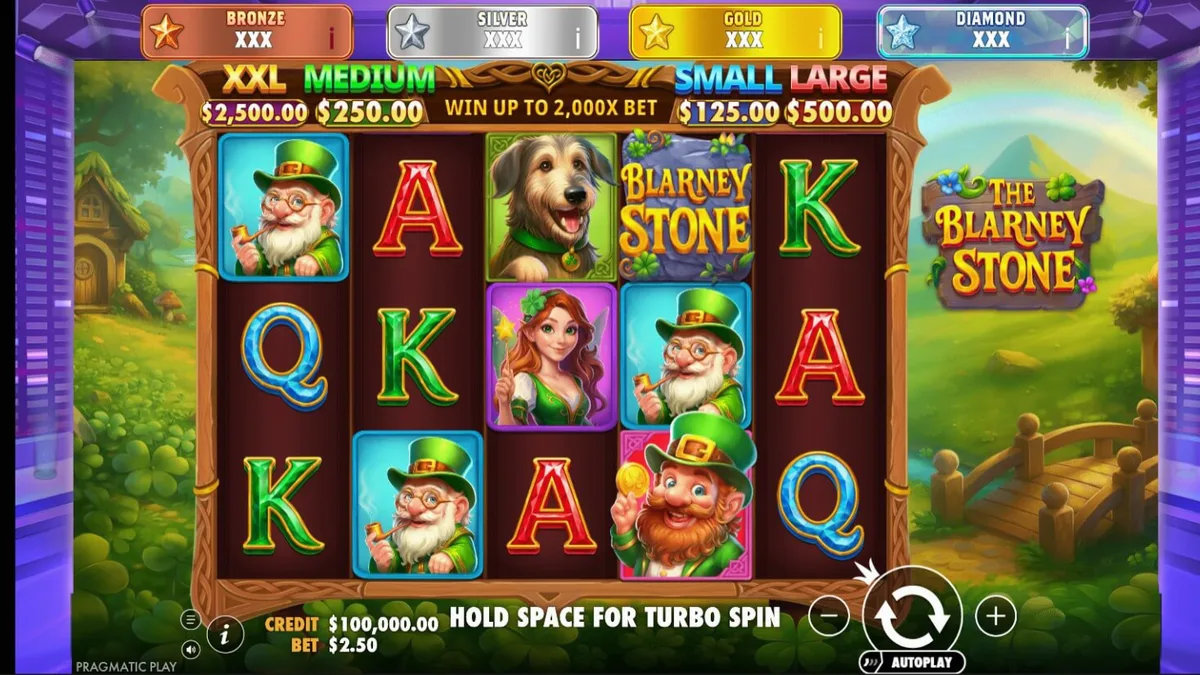 Tampilan visual slot The Blarney Stone dengan tema leprechaun dan pemandangan Irlandia yang mempesona.