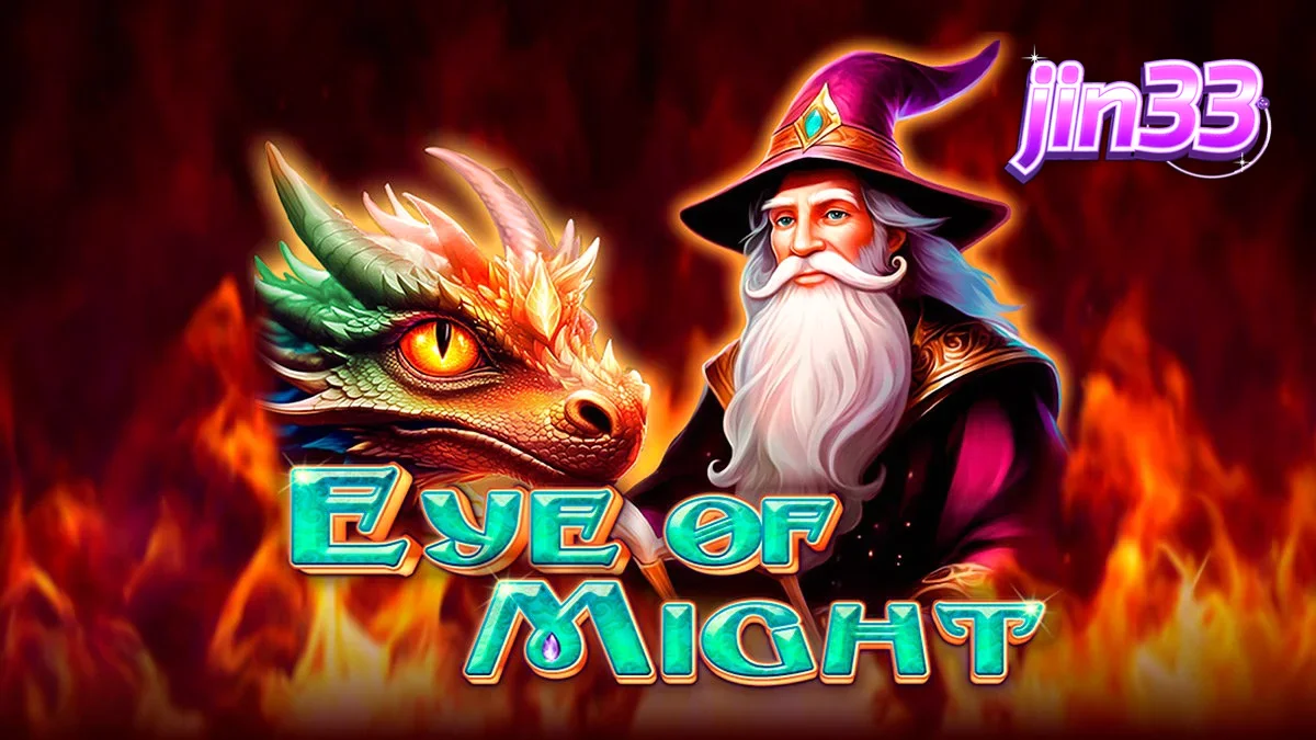 Tampilan visual slot bertema fantasi Eye of Might dengan simbol naga dan penyihir.